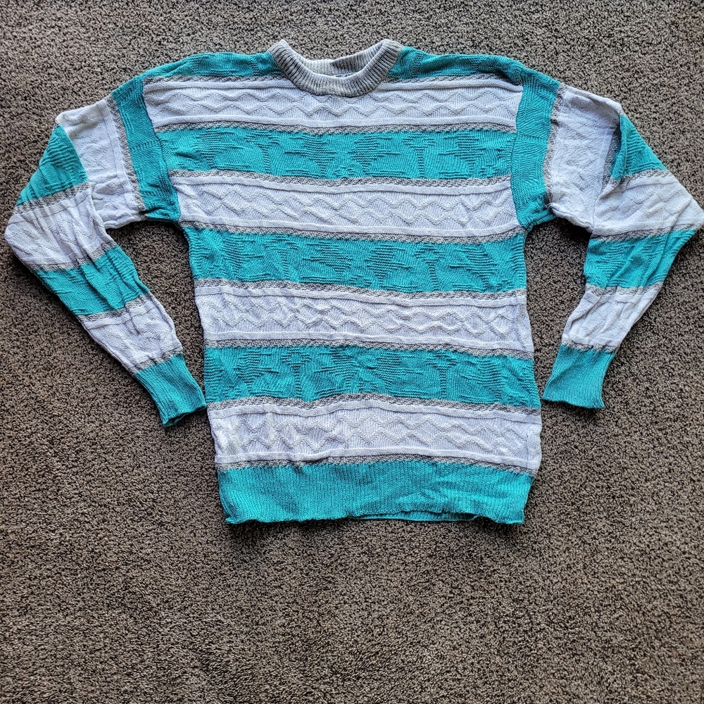 City Streets Mens Sweater M Vintage Striped Blue White Crew Saved By The Bell
